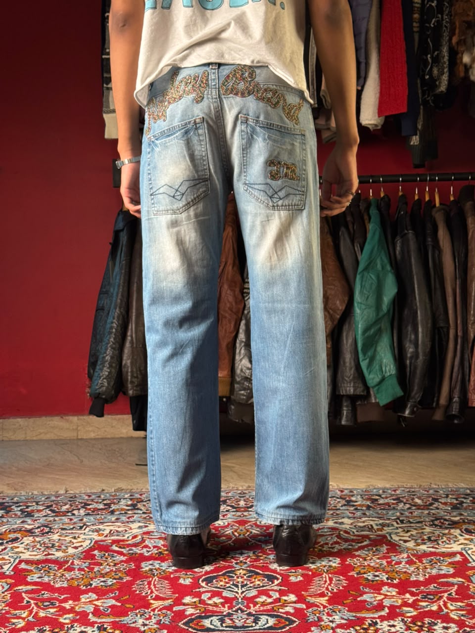 Vintage Replay Wide FIT Embroidered Spellout Light WashED JEANS - 32