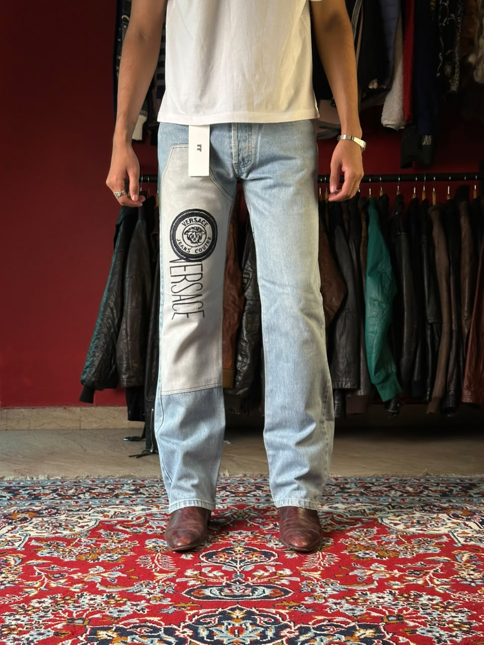 Vintage Versace Jeans Couture Patchwork Spellout Light Washed Jeans - 32