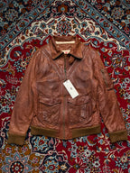 Vintage Distressed Brown Leather Bomber Jacket - M