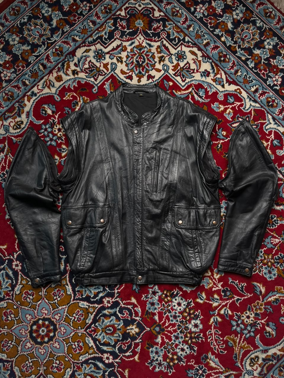 Vintage Black Leather Convertible Zip Off Sleeves Bomber Jacket - L