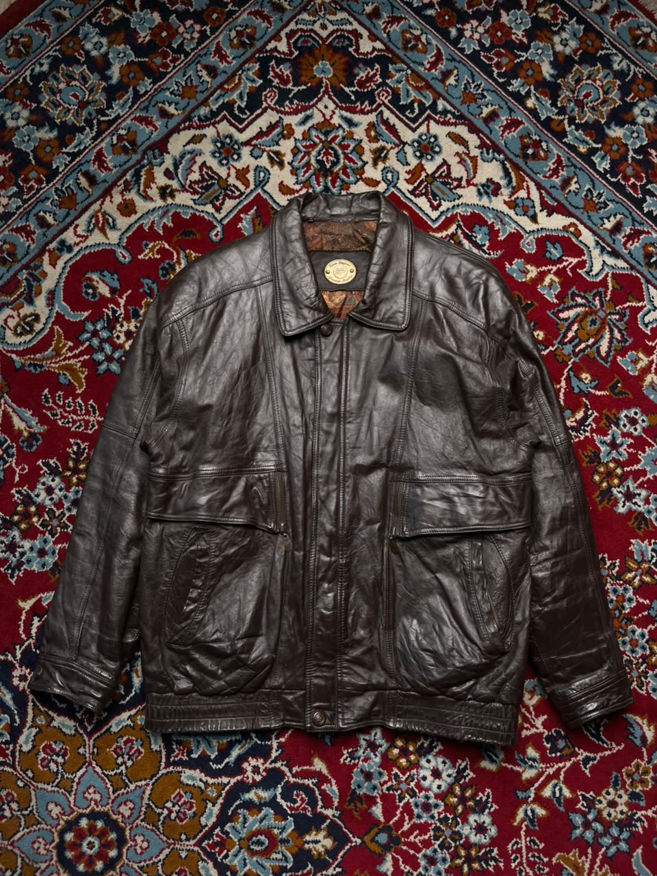Vintage Snow Leopard Brown Leather Bomber Jacket - M