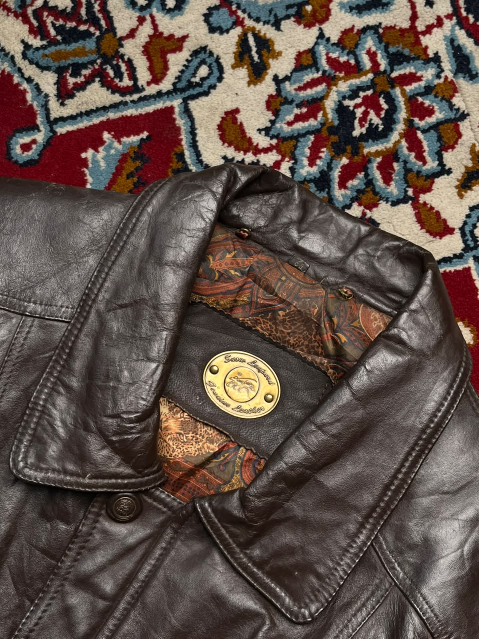 Vintage Snow Leopard Brown Leather Bomber Jacket - M