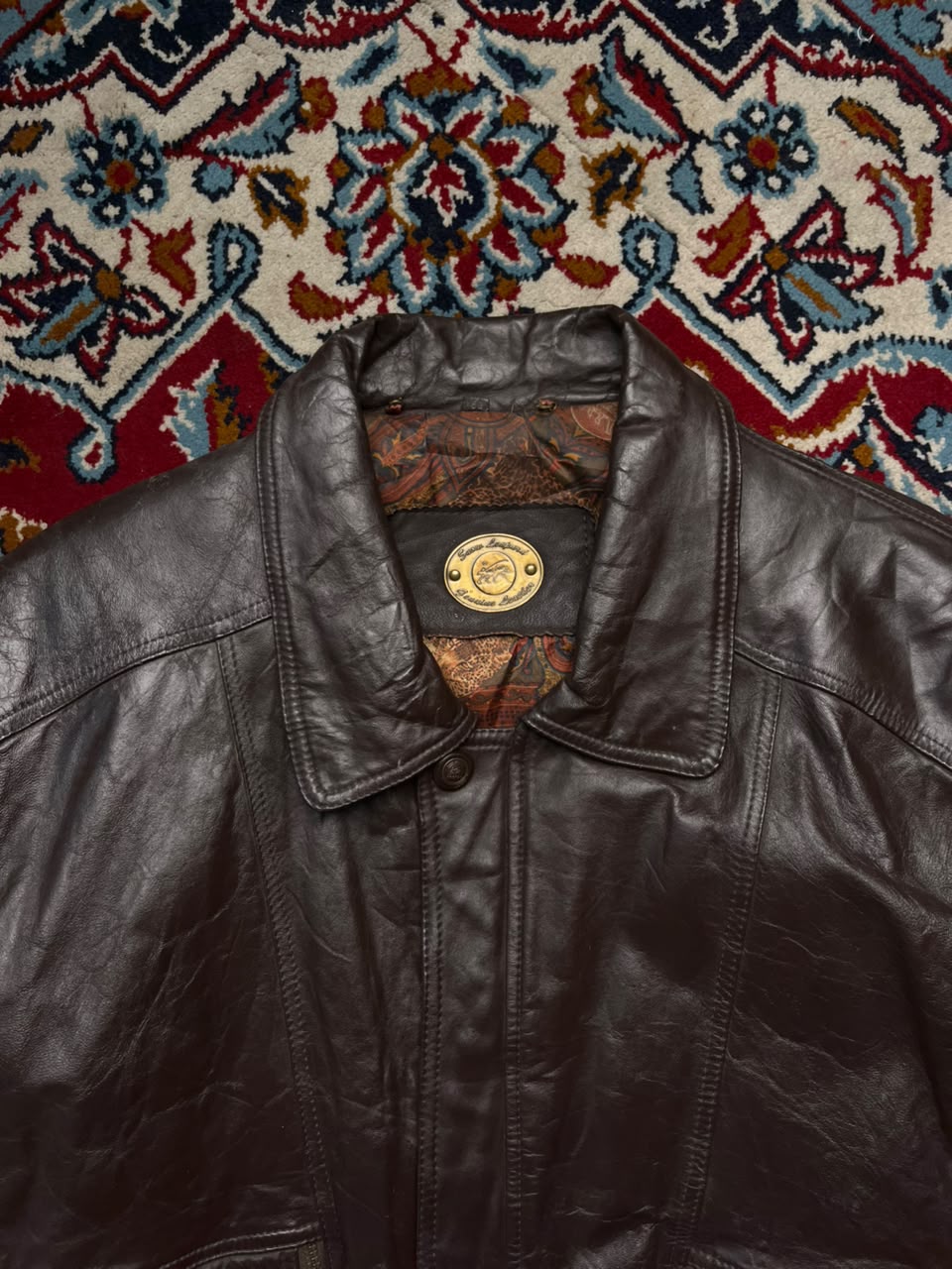Vintage Snow Leopard Brown Leather Bomber Jacket - M