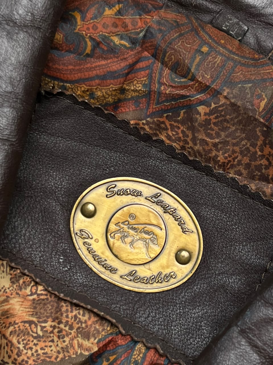 Vintage Snow Leopard Brown Leather Bomber Jacket - M