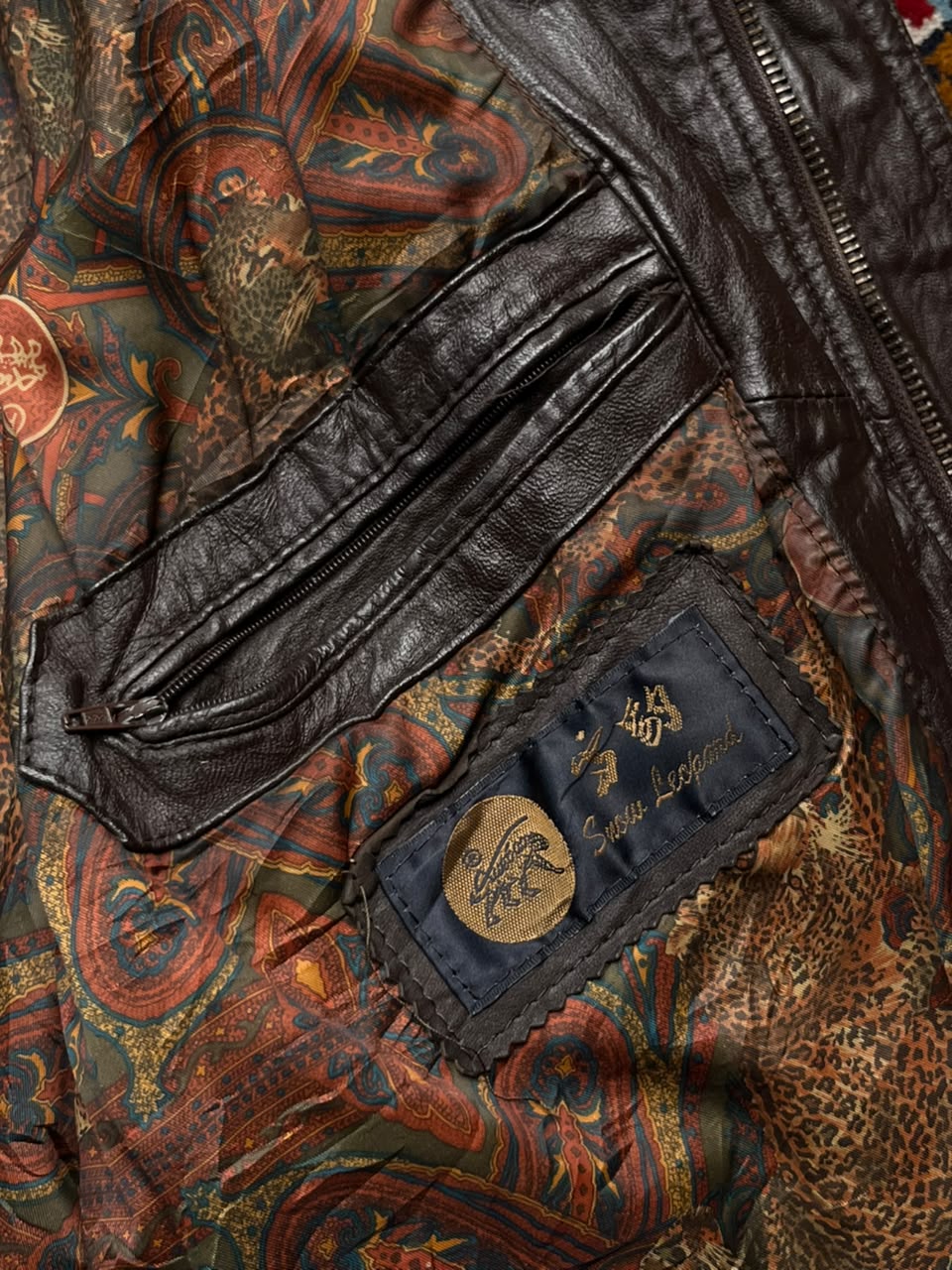 Vintage Snow Leopard Brown Leather Bomber Jacket - M