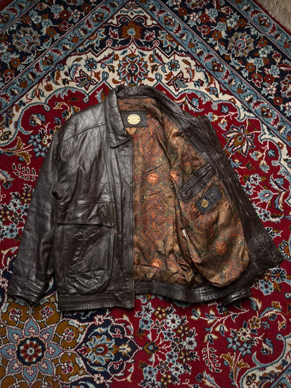 Vintage Snow Leopard Brown Leather Bomber Jacket - M