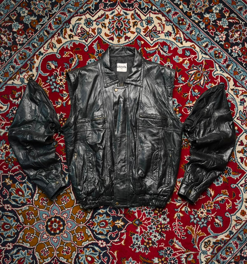 Vintage Casual Selection Zip Off Sleeves Leather Bomber Jacket - XL