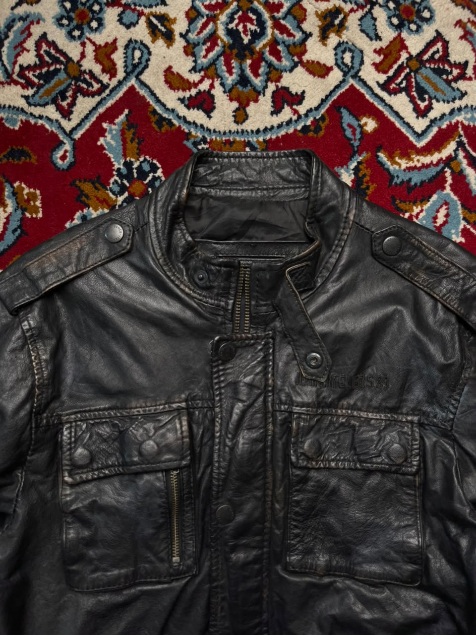 Jack & Jones Distressed Multi Pocket Black Leather Jacket - L