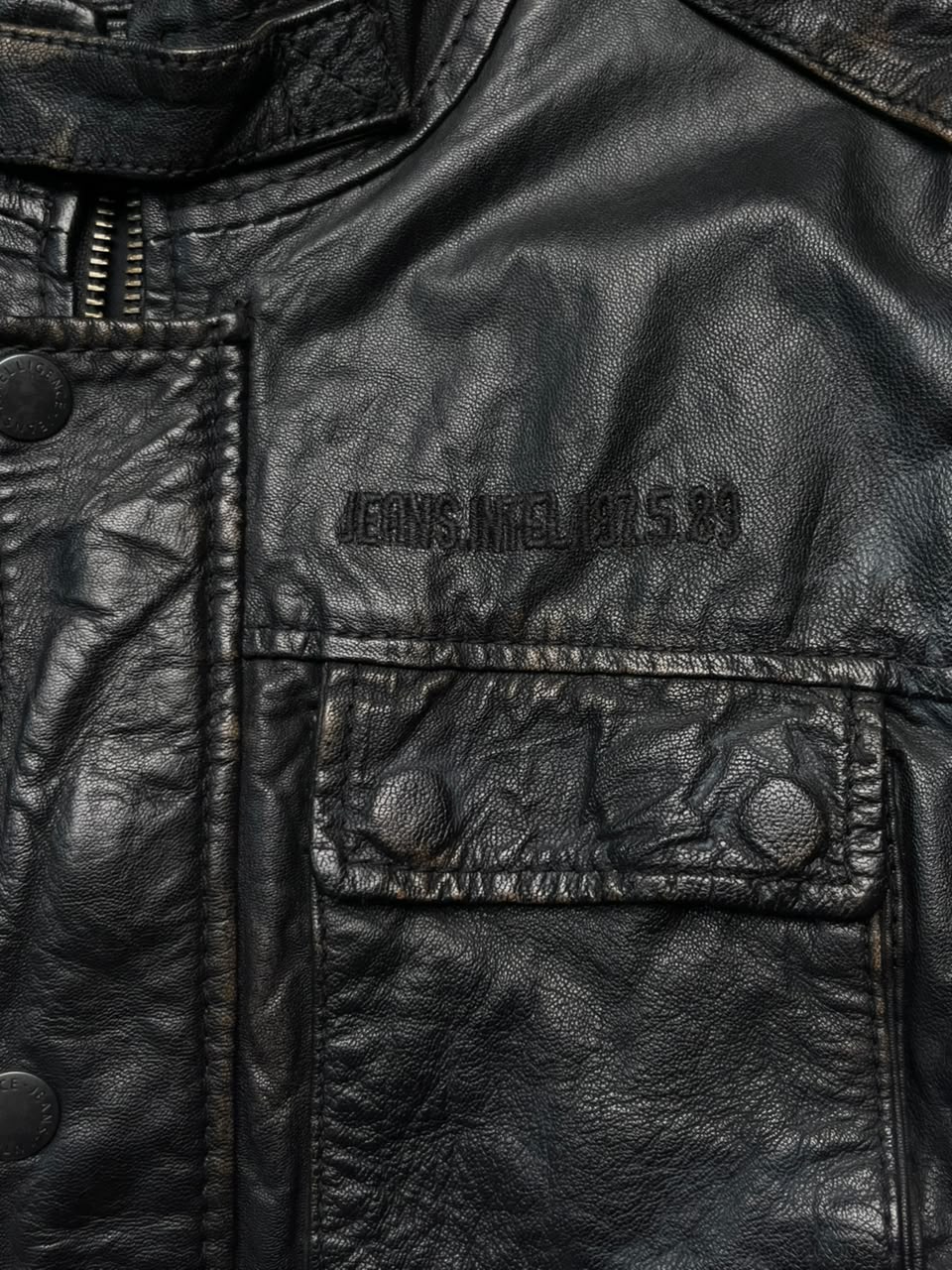Jack & Jones Distressed Multi Pocket Black Leather Jacket - L