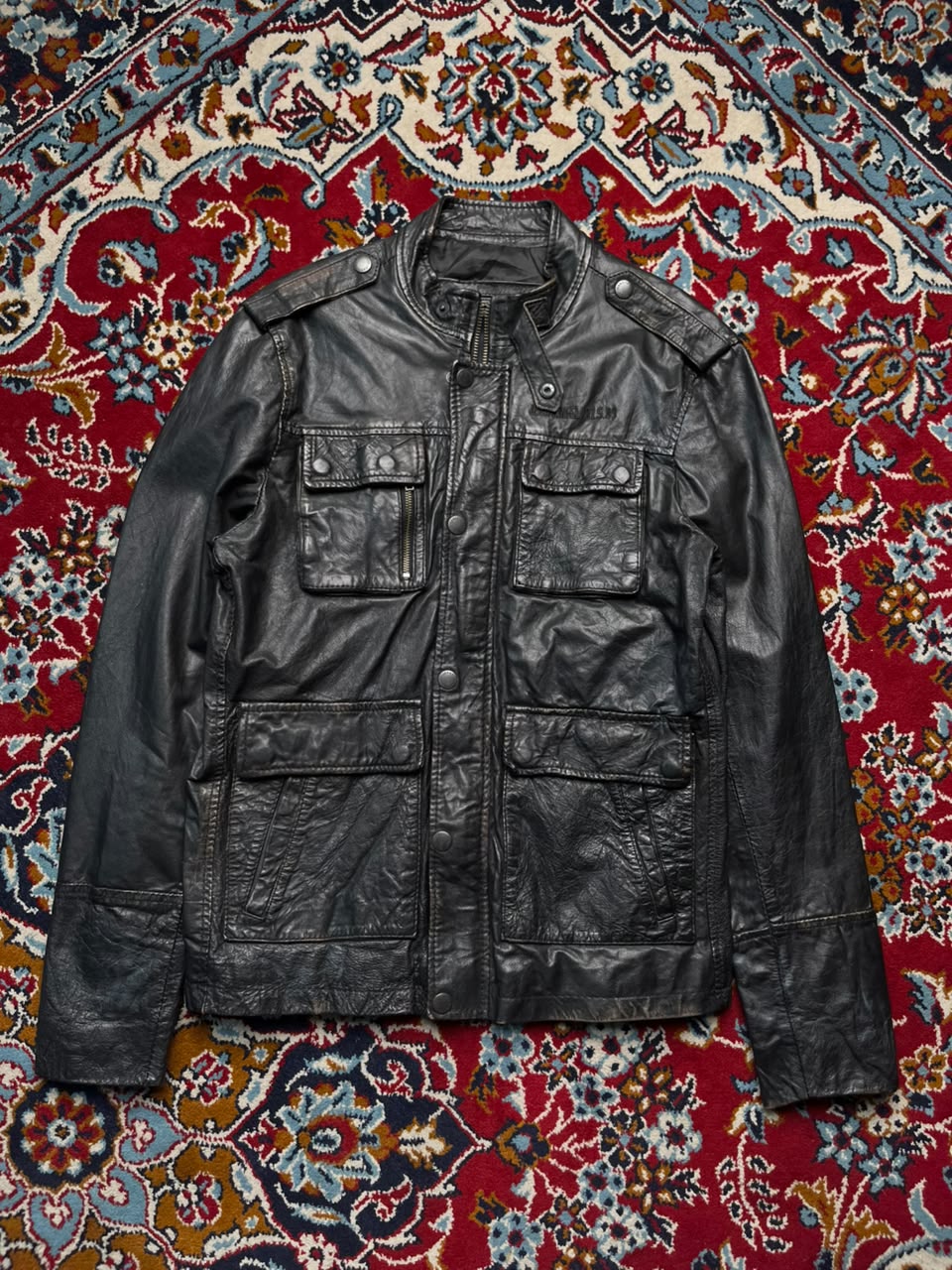 Jack & Jones Distressed Multi Pocket Black Leather Jacket - L
