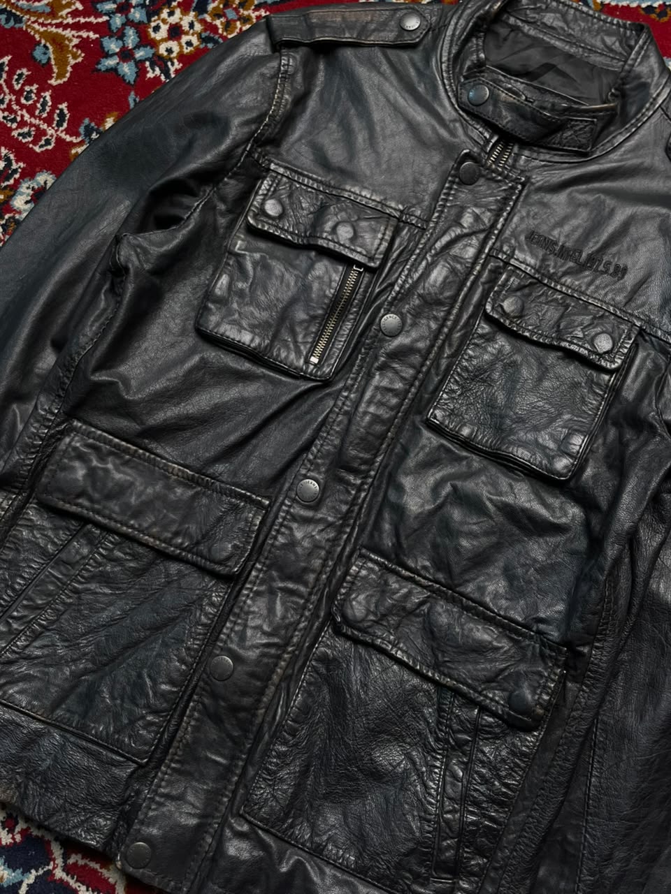 Jack & Jones Distressed Multi Pocket Black Leather Jacket - L