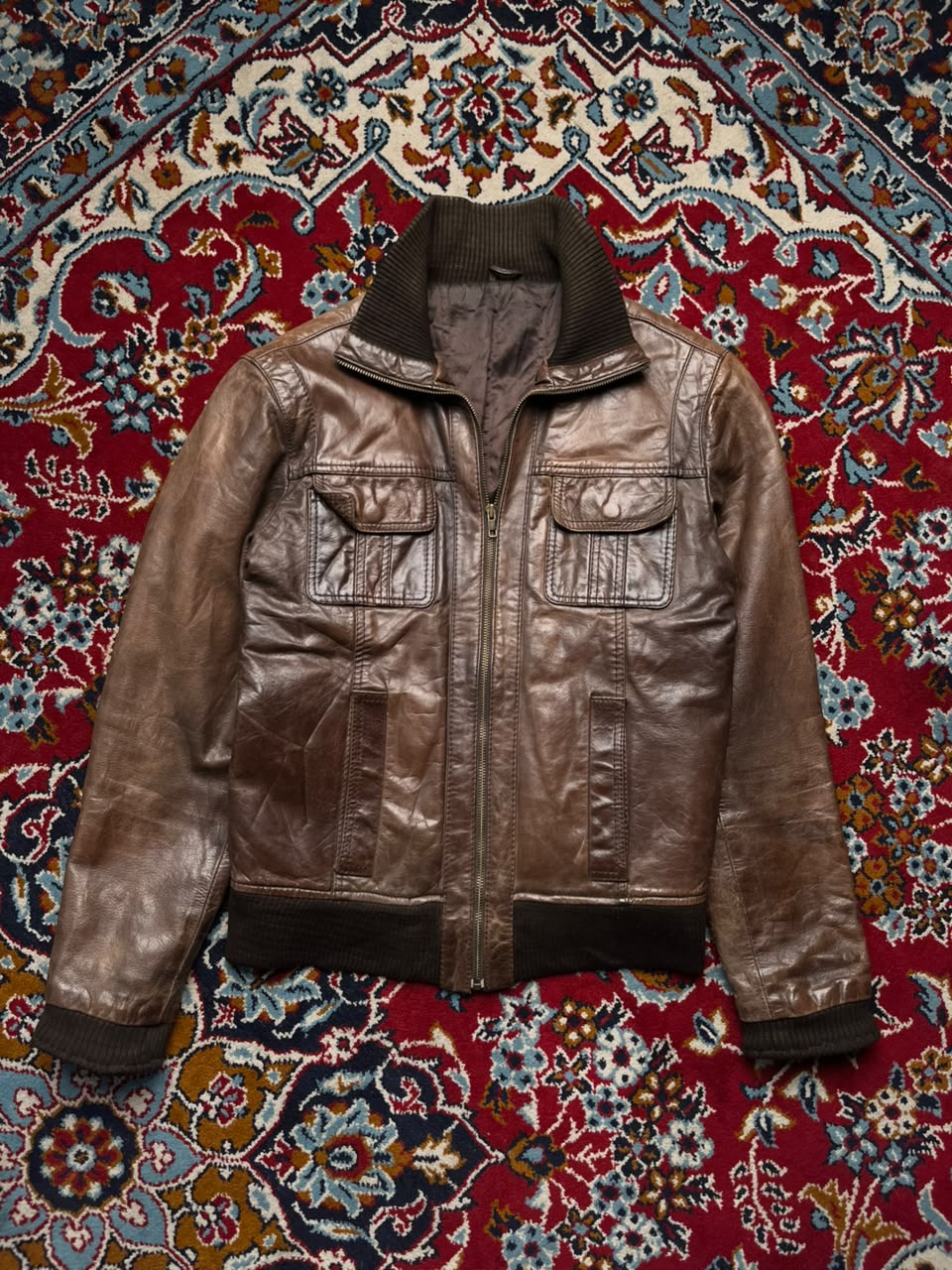 Celio Club Brown Leather Bomber Jacket - S