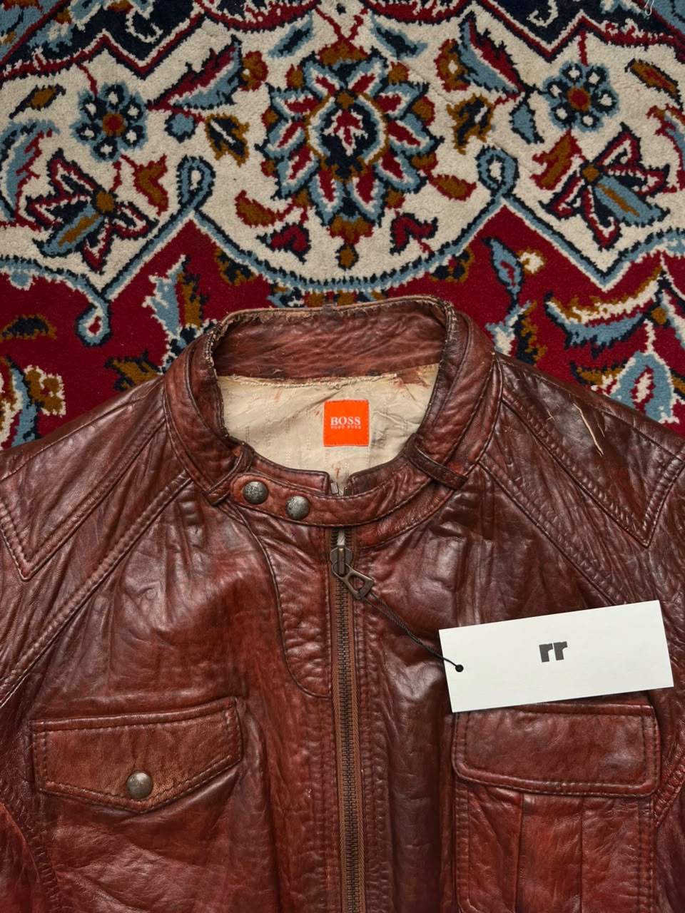 Hugo Boss Orange Label Brown Distressed Leather Jacket - M