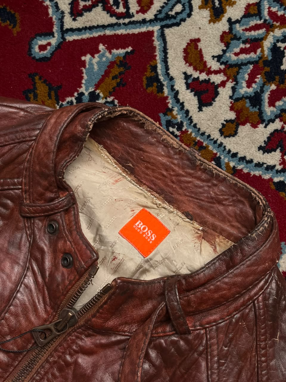 Hugo Boss Orange Label Brown Distressed Leather Jacket - M