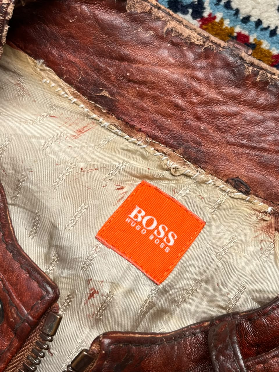 Hugo Boss Orange Label Brown Distressed Leather Jacket - M