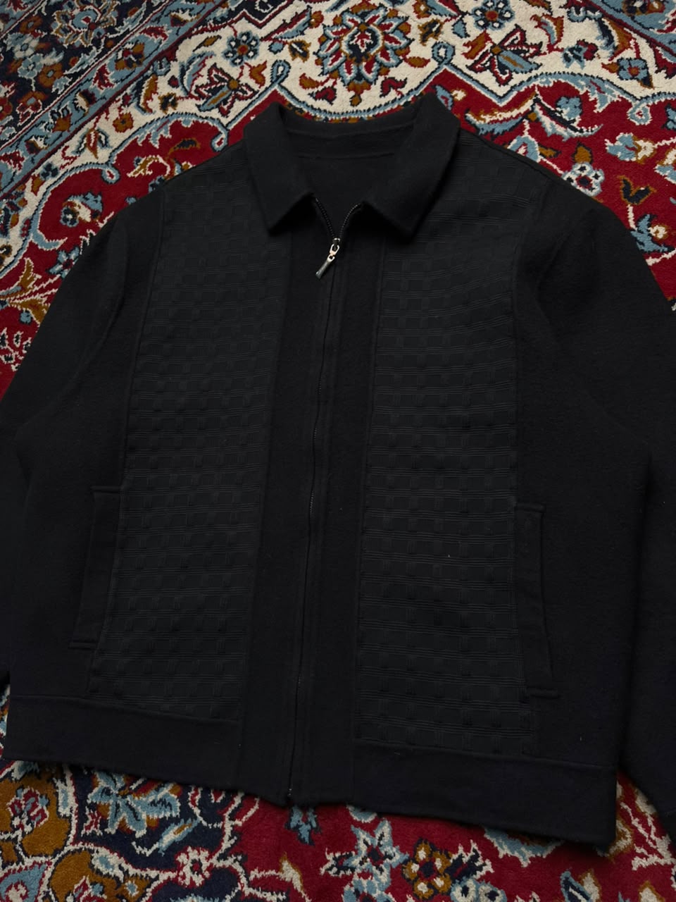 All For You Handmade Black Knit Panel Harrington Bomber Wool Jacket - M