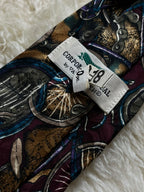 Vintage Silk Tie Mens Burgundy Novelty Bicycles Pocket Watches Steampunk Clock