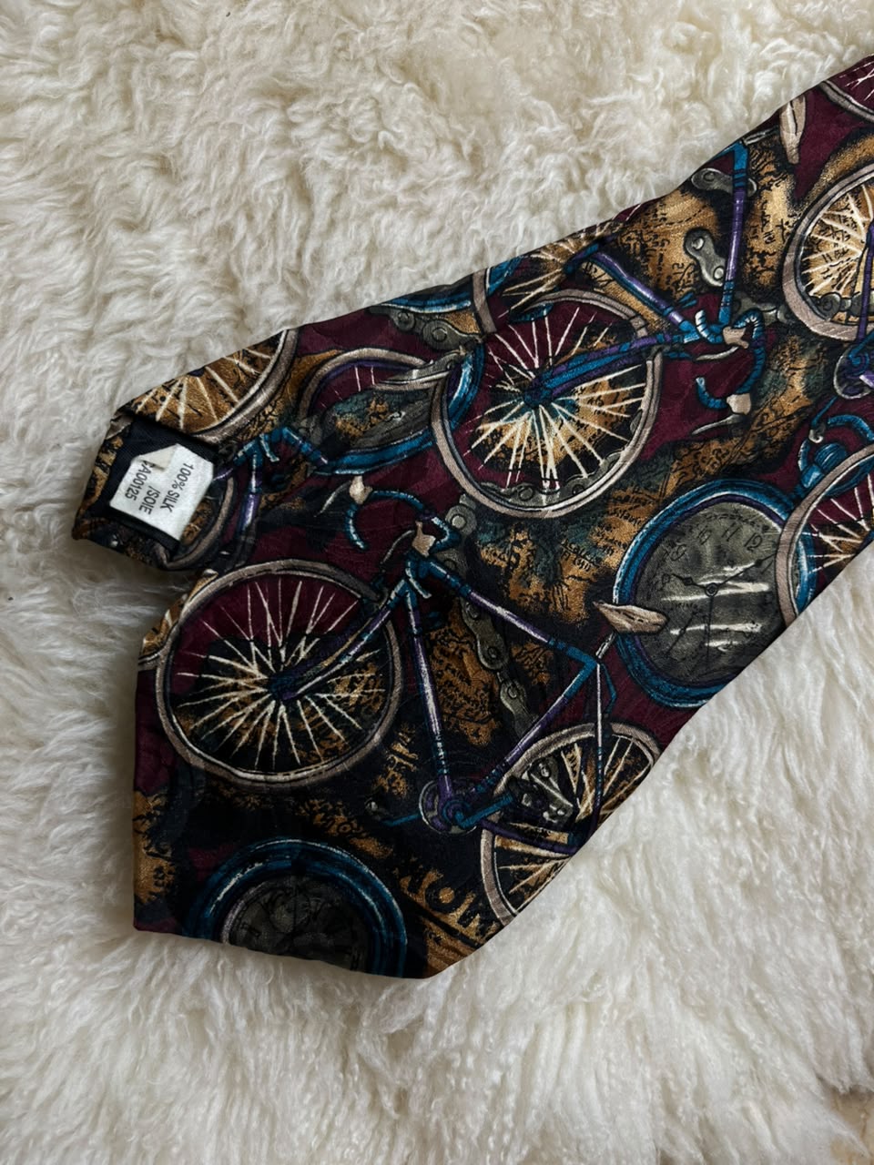 Vintage Silk Tie Mens Burgundy Novelty Bicycles Pocket Watches Steampunk Clock