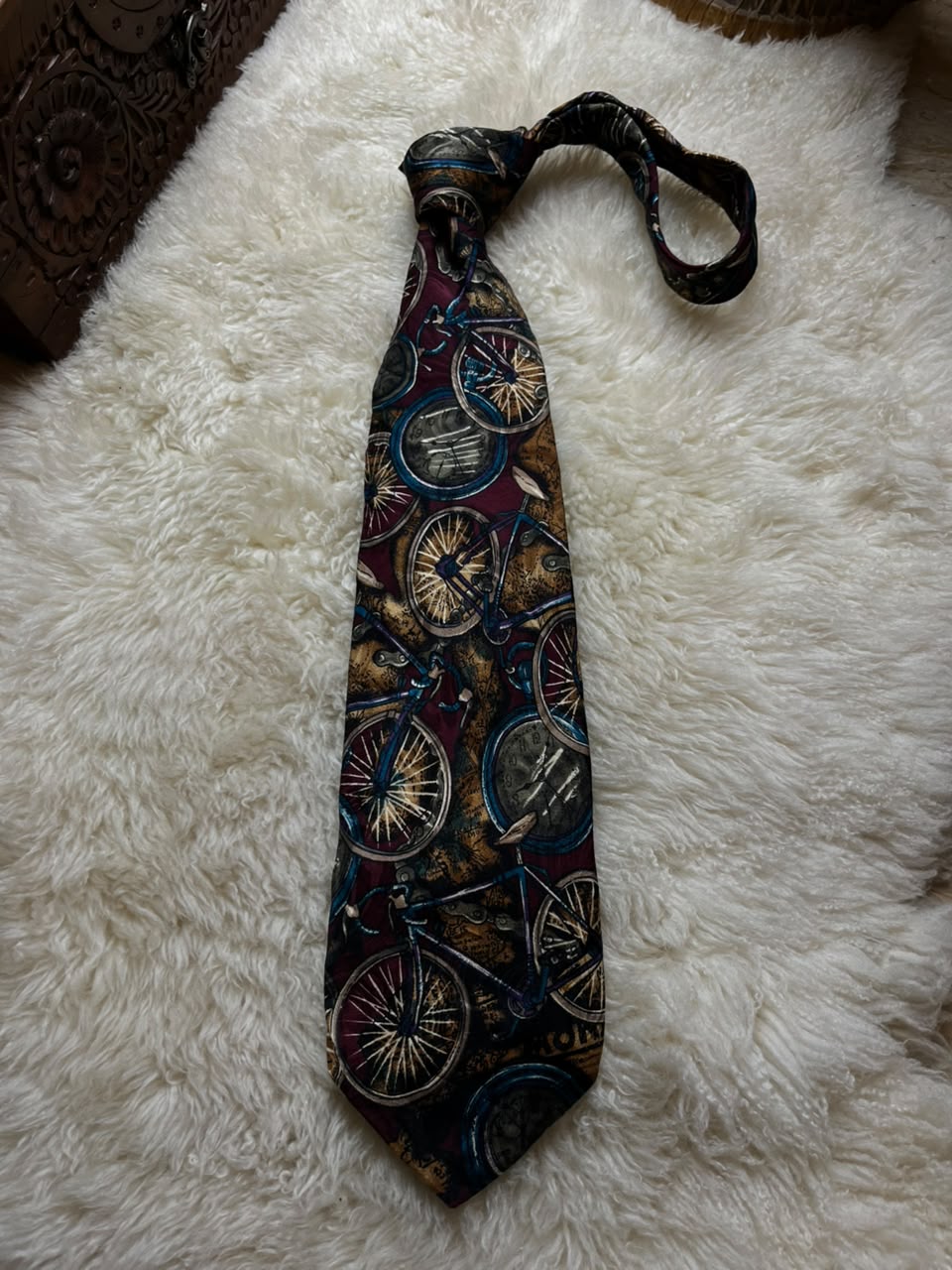 Vintage Silk Tie Mens Burgundy Novelty Bicycles Pocket Watches Steampunk Clock