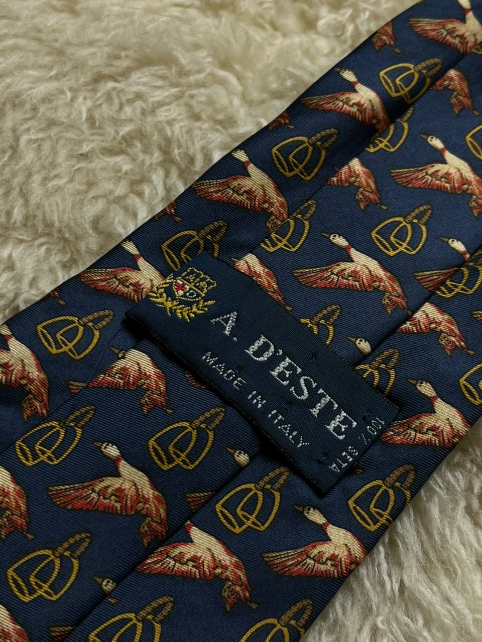 A. D'ESTE 100% Silk Tie Mens Navy Flying Mallard Ducks Stirrups Made in Italy