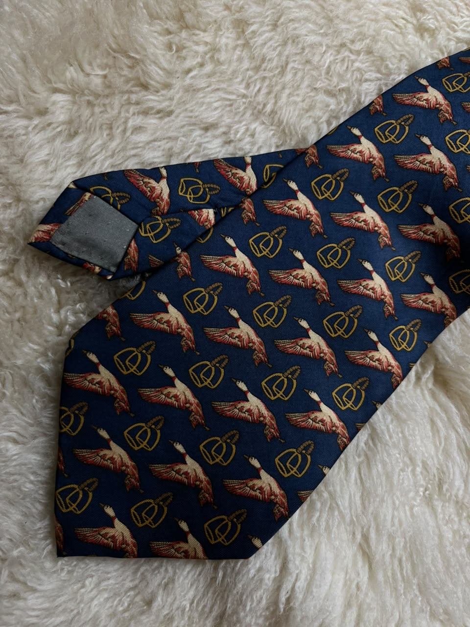 A. D'ESTE 100% Silk Tie Mens Navy Flying Mallard Ducks Stirrups Made in Italy