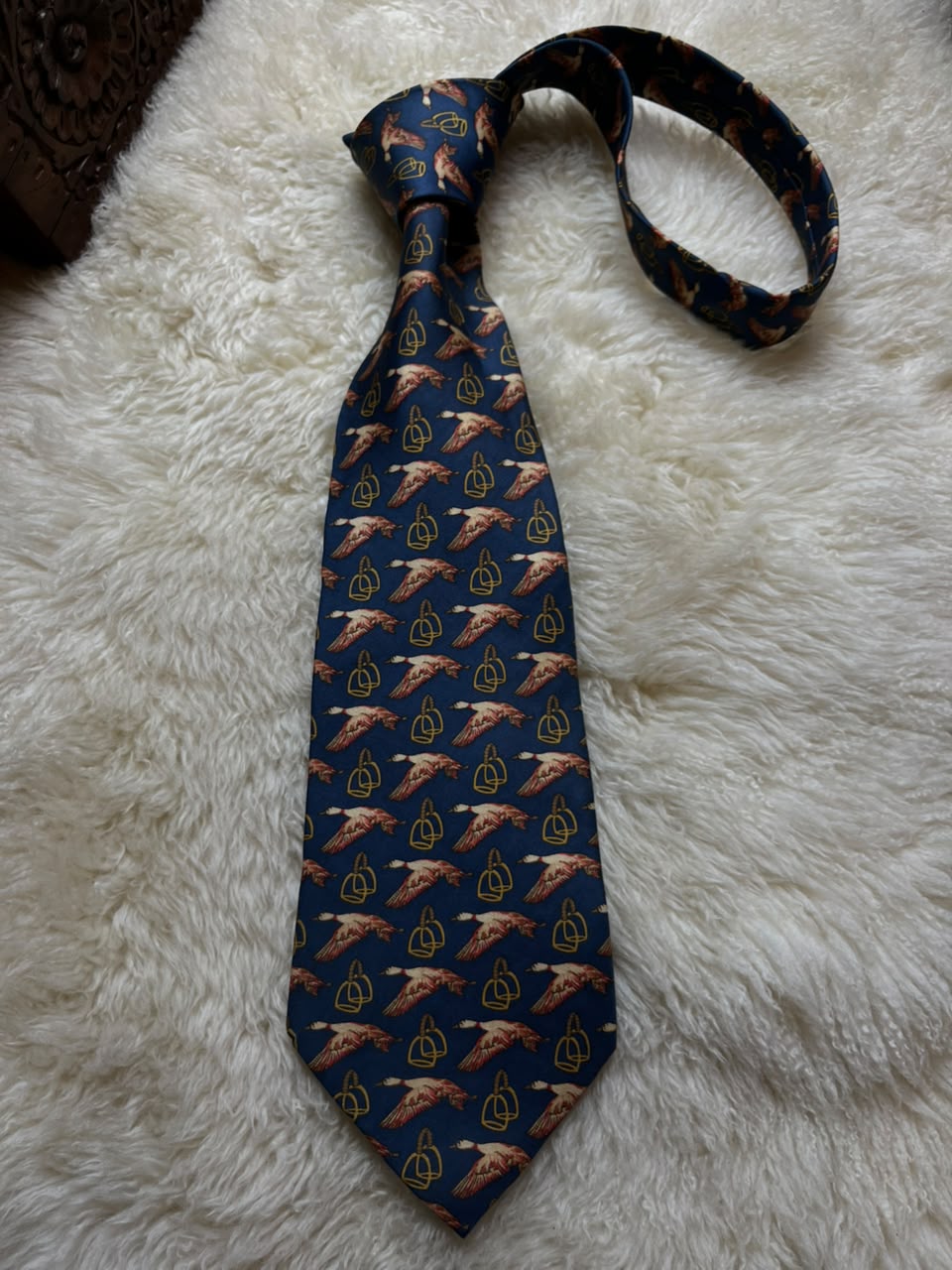 A. D'ESTE 100% Silk Tie Mens Navy Flying Mallard Ducks Stirrups Made in Italy