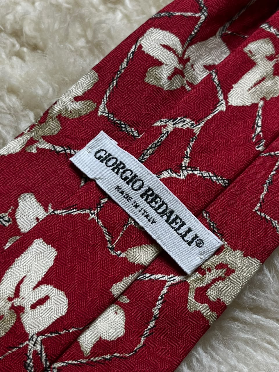 Giorgio Redaelli 100% Silk Tie Mens Red Floral Trellis Vine Jacquard Made in Italy