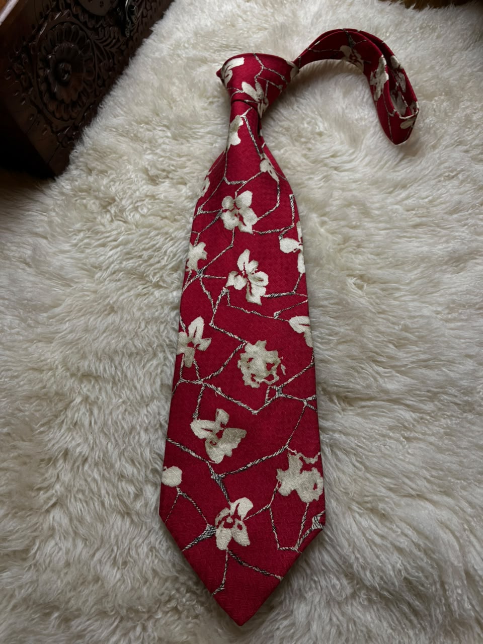 Giorgio Redaelli 100% Silk Tie Mens Red Floral Trellis Vine Jacquard Made in Italy
