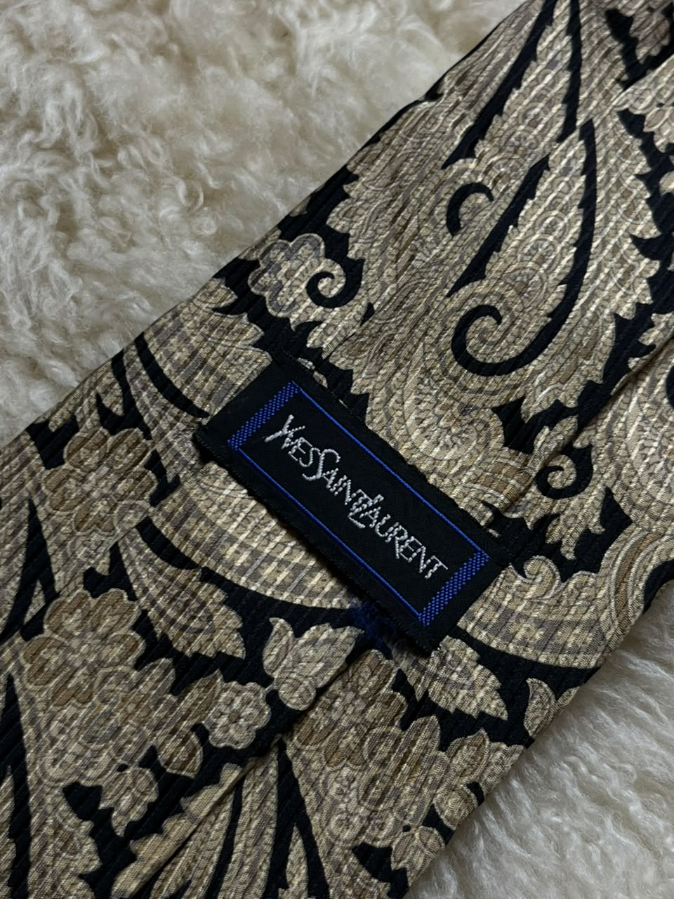 Yves Saint Laurent YSL Vintage Silk Tie Mens Metallic Gold Black Paisley Damask
