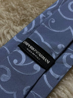 Emporio Armani 100% Silk Tie Mens Slate Blue Swirl Filigree Jacquard Italy
