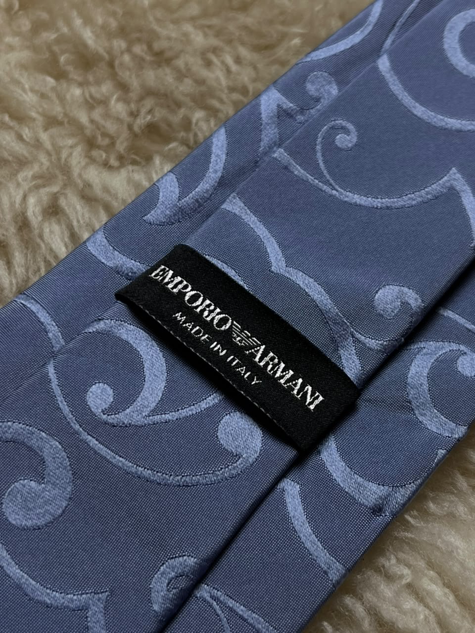 Emporio Armani 100% Silk Tie Mens Slate Blue Swirl Filigree Jacquard Italy