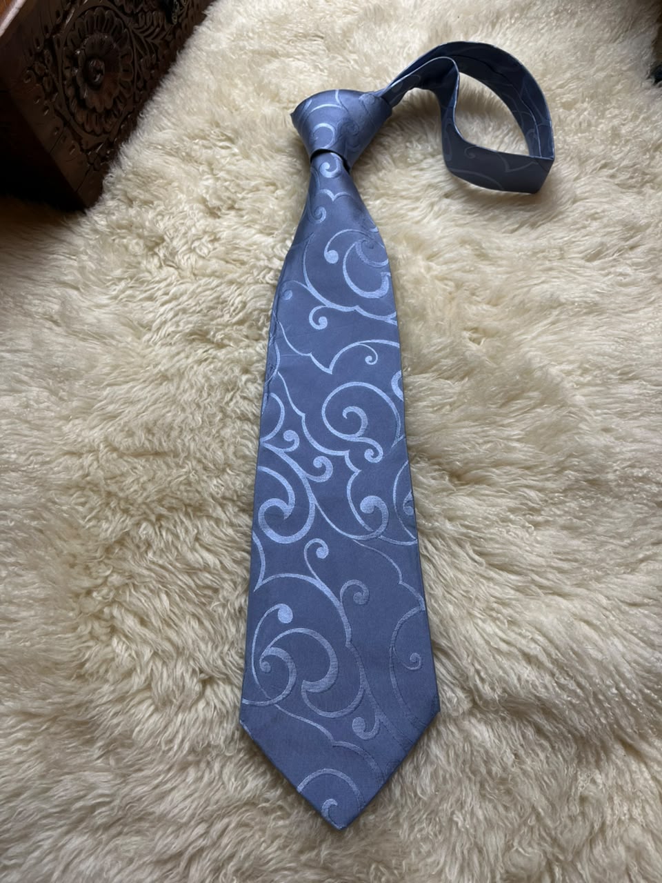 Emporio Armani 100% Silk Tie Mens Slate Blue Swirl Filigree Jacquard Italy