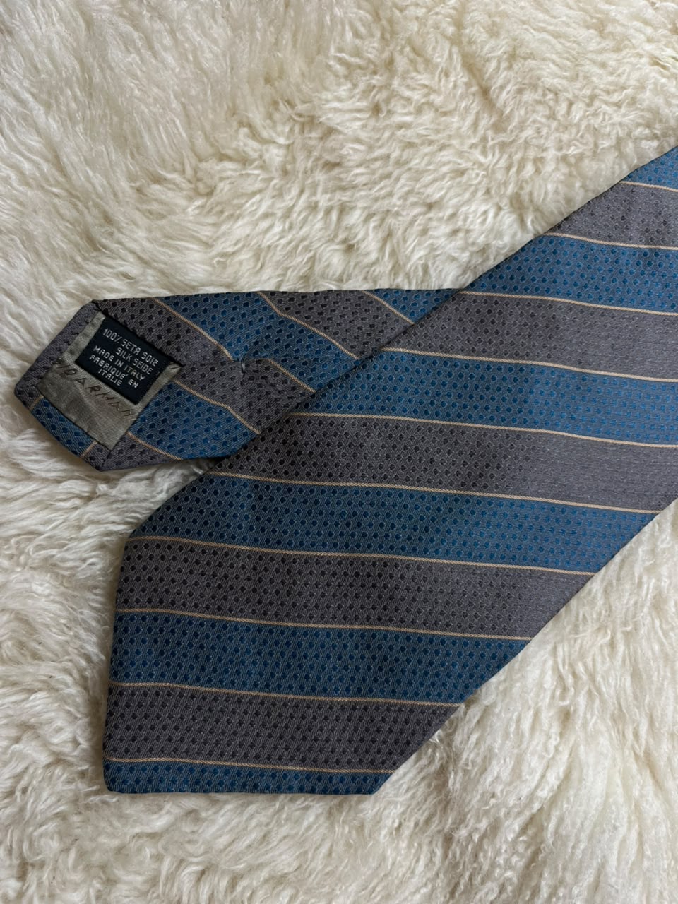Giorgio Armani Cravatte 100% Silk Tie Mens Blue Grey Striped Micro Dot Italy