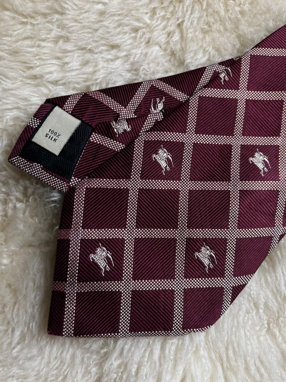 Burberry London 100% Silk Tie Mens Burgundy Silver Check Prorsum Knight Logo