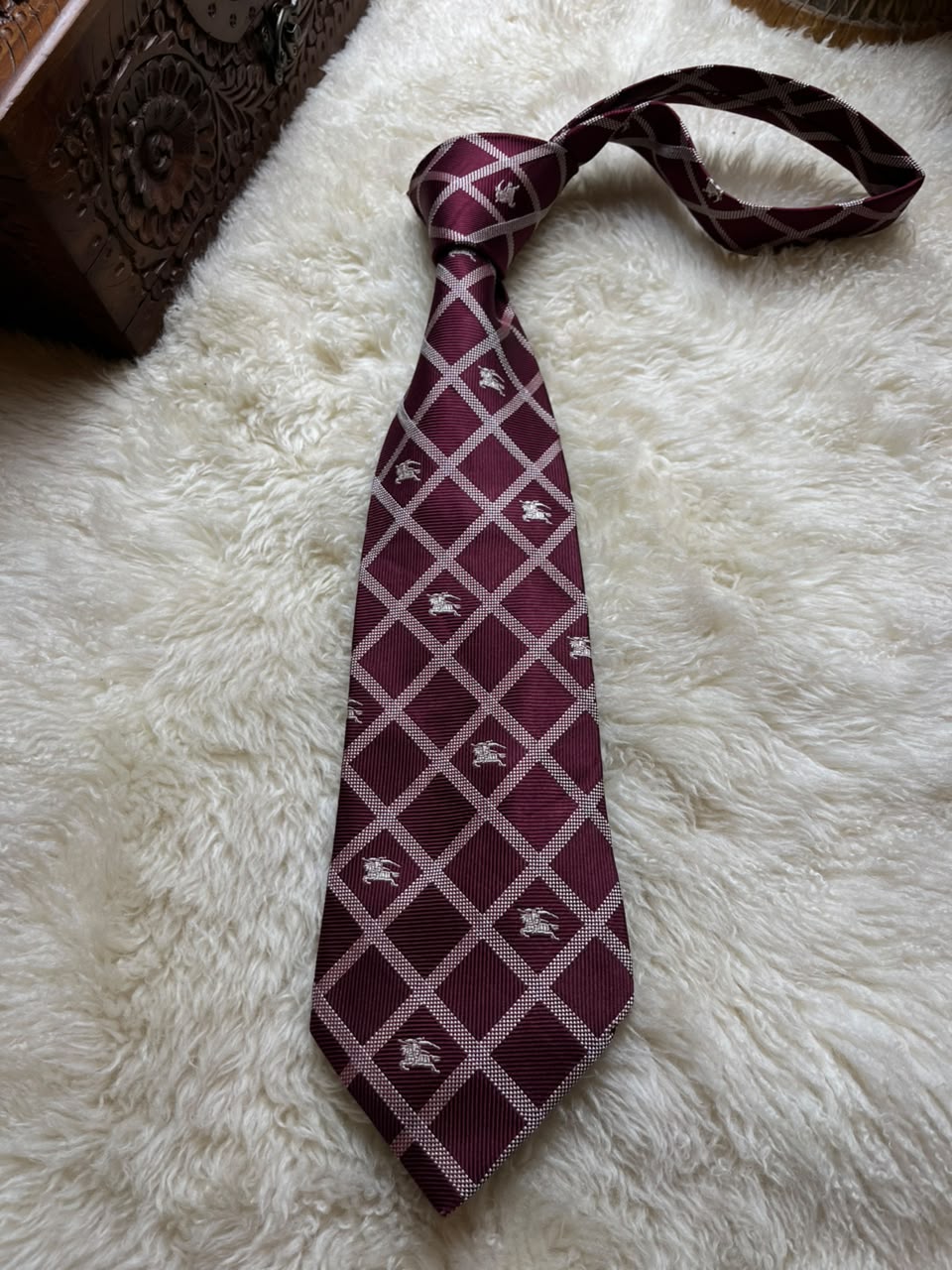 Burberry London 100% Silk Tie Mens Burgundy Silver Check Prorsum Knight Logo