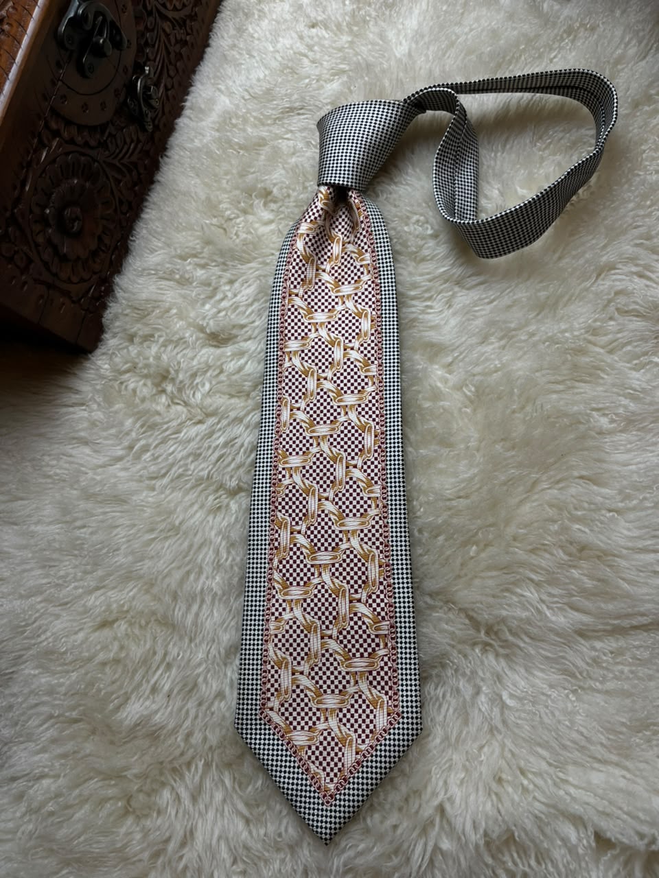 LLIANTTE Seoul 100% Silk Tie Mens Black White Micro Check Chain Link Foulard