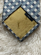 Yves Saint Laurent YSL Silk Tie Mens Navy Blue Silver Geometric Check Italy Japan
