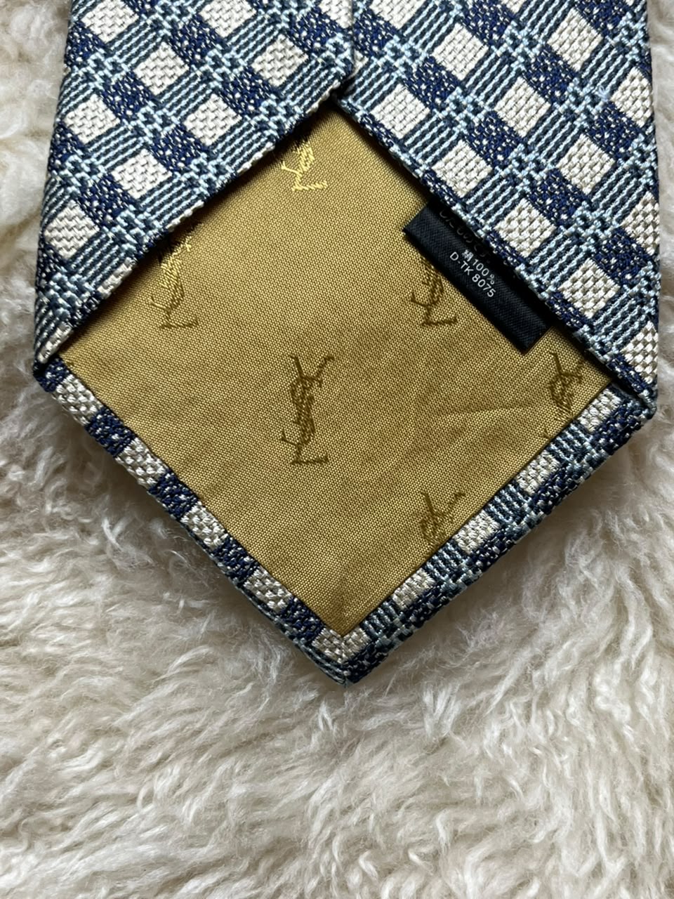 Yves Saint Laurent YSL Silk Tie Mens Navy Blue Silver Geometric Check Italy Japan