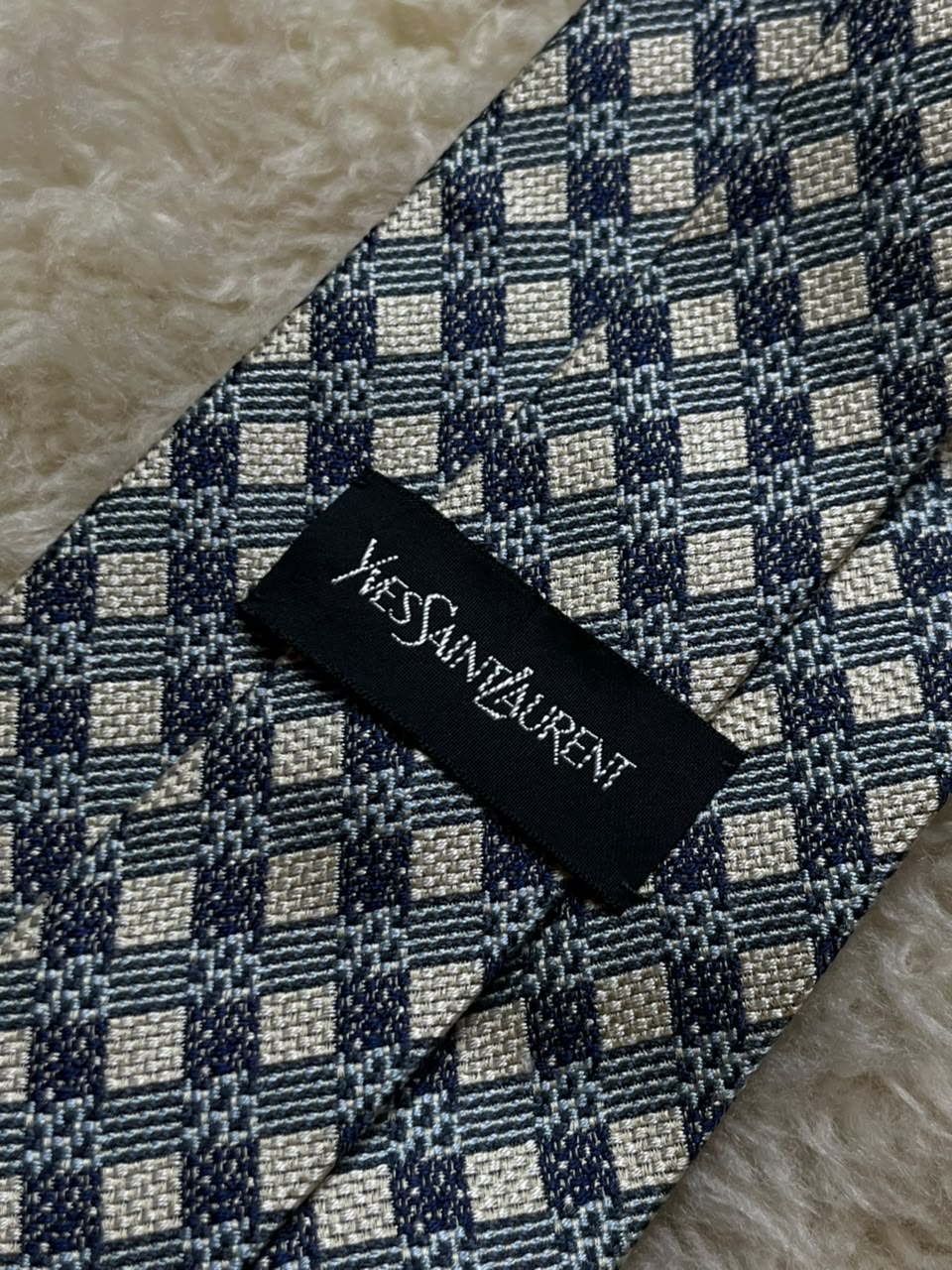 Yves Saint Laurent YSL Silk Tie Mens Navy Blue Silver Geometric Check Italy Japan