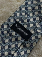 Yves Saint Laurent YSL Silk Tie Mens Navy Blue Silver Geometric Check Italy Japan