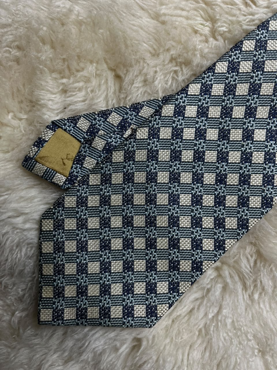 Yves Saint Laurent YSL Silk Tie Mens Navy Blue Silver Geometric Check Italy Japan