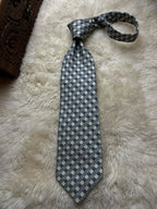 Yves Saint Laurent YSL Silk Tie Mens Navy Blue Silver Geometric Check Italy Japan