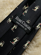 René Chagal Silk Tie Mens Black Equestrian Polo Players Hand Made Novelty Tie