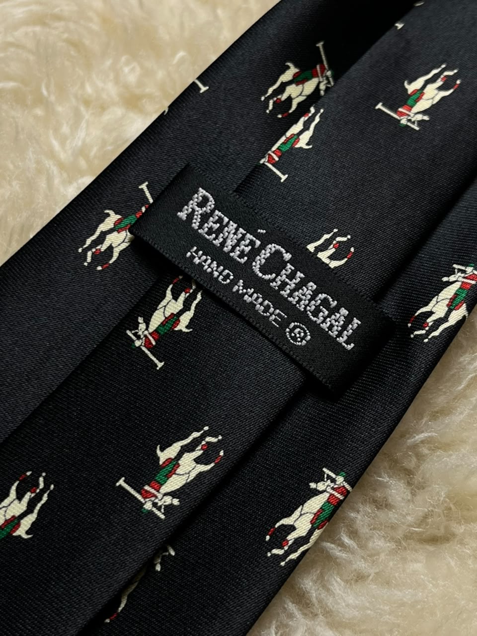 René Chagal Silk Tie Mens Black Equestrian Polo Players Hand Made Novelty Tie