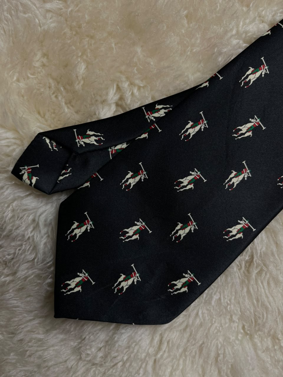 René Chagal Silk Tie Mens Black Equestrian Polo Players Hand Made Novelty Tie