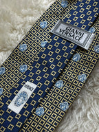 Gianni Versace 100% Silk Tie Mens Navy Gold Geometric Medusa Head Italy Baroque