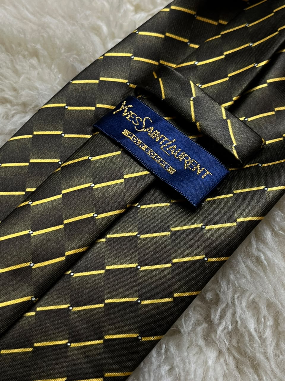 Yves Saint Laurent YSL Silk Tie Mens Dark Bronze Gold Dashed Stripe Oval Monogram