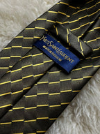 Yves Saint Laurent YSL Silk Tie Mens Dark Bronze Gold Dashed Stripe Oval Monogram