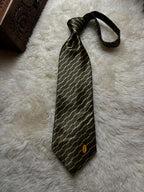 Yves Saint Laurent YSL Silk Tie Mens Dark Bronze Gold Dashed Stripe Oval Monogram