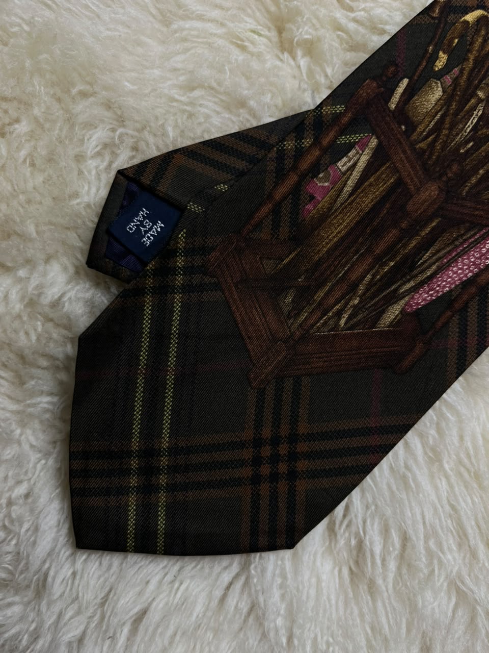 Polo Ralph Lauren Vintage Silk Tie Mens Plaid Umbrella Walking Stick Stand USA Made